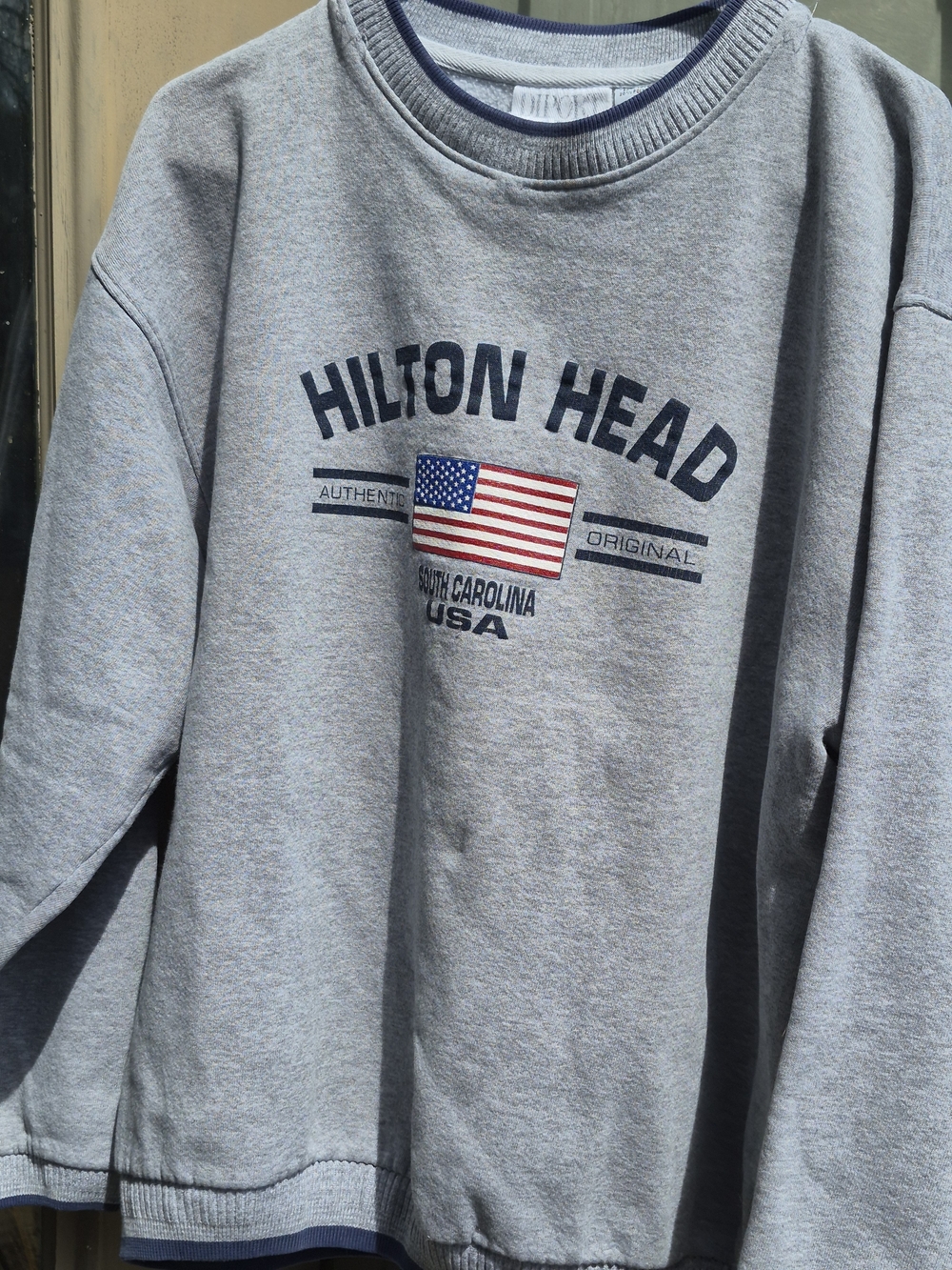Divided Men's Grey Crewneck Sweatshirt with Navy and Red Flag Graphic